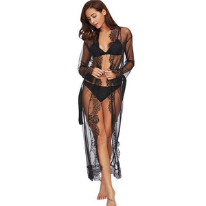 Kimono Mesh Robe with Lace Trim - Your Goods Central