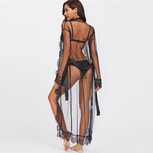 Kimono Mesh Robe with Lace Trim - Your Goods Central